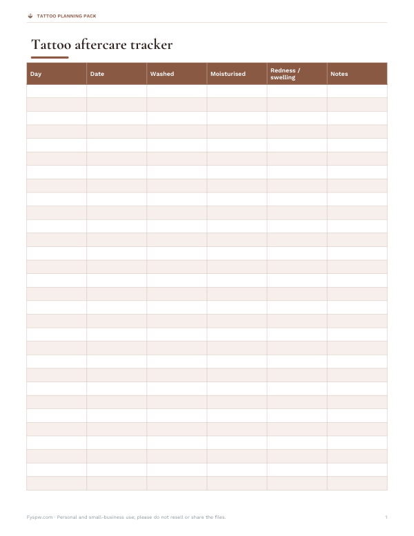 Preview of Printable Tattoo Aftercare Tracker