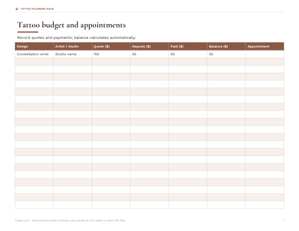Preview of Printable Tattoo Budget Log