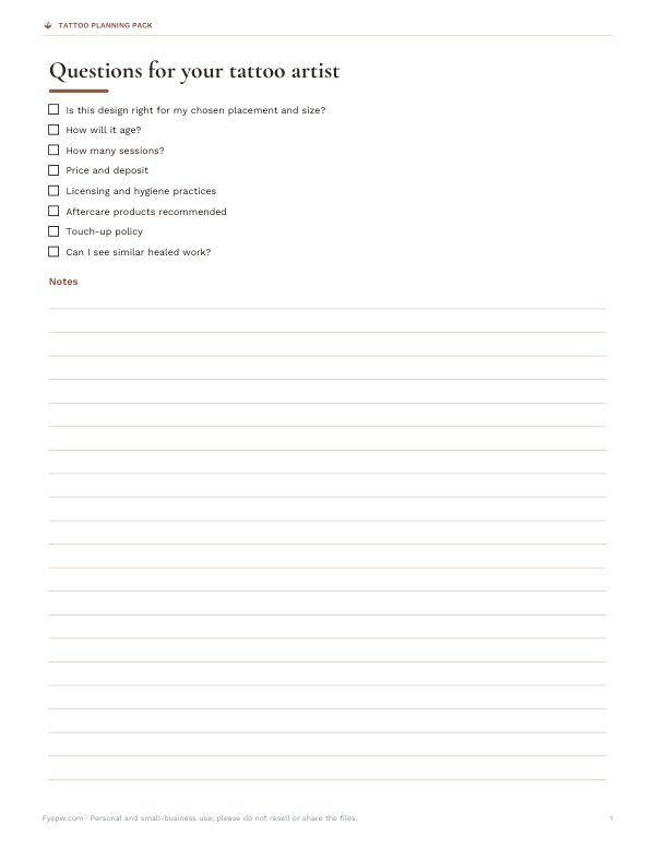 Preview of Printable Tattoo Consultation Checklist